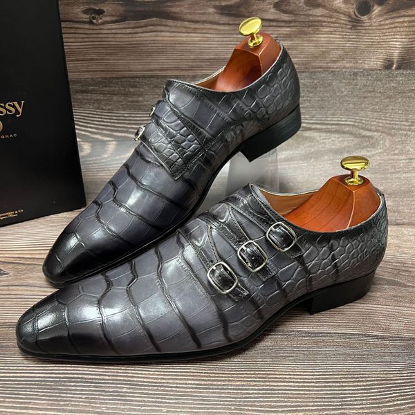 men leather shoes crocodile print wedding party office genuine leather shoes, Black
