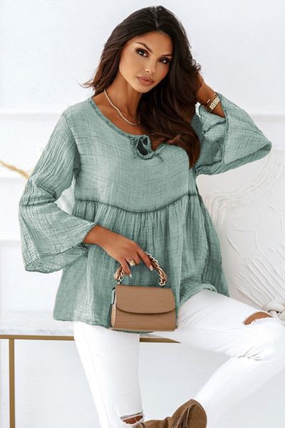 new design wholesale fall trendy crinkle lace up women round neck bell sleeve blouse, White
new design wholesale fall trendy crinkle lace up women round neck bell sleeve blouse, White