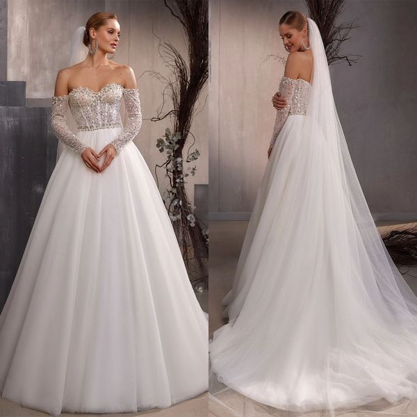 elegant a-line wedding dresses sweetheart off the shoulder sequins tulle backless zipper court gown custom made zipper plus size bridal dres, White
elegant a-line wedding dresses sweetheart off the shoulder sequins tulle backless zipper court gown custom made zipper plus size bridal dres, White