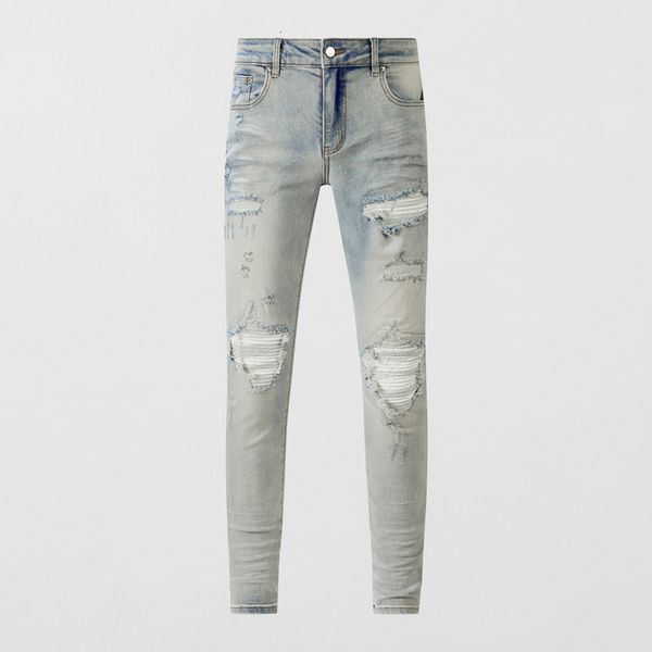 men's jeans street fashion men retro gray blue elastic stretch skinny ripped homme white leather patched hip hop brand pants 230625
men's jeans street fashion men retro gray blue elastic stretch skinny ripped homme white leather patched hip hop brand pants 230625