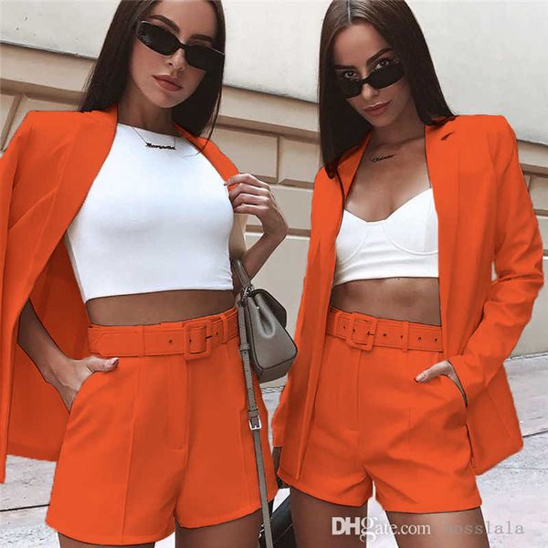 2023 new style summer clothes womens solid color suit and shorts two piece set including belt, White
2023 new style summer clothes womens solid color suit and shorts two piece set including belt, White