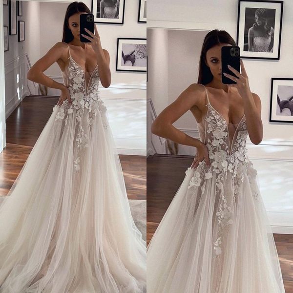 vintage a line wedding dresses for bride beads spaghetti appliques tulle wedding dress sweep train backless slit long designer bridal gowns, White
vintage a line wedding dresses for bride beads spaghetti appliques tulle wedding dress sweep train backless slit long designer bridal gowns, White
