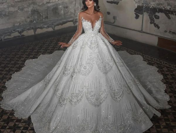 luxury ball gown wedding dresses v neck long sleeves sequins appliques beaded floor length ruffles 3d lace crystals diamonds bridal gowns pl, White
luxury ball gown wedding dresses v neck long sleeves sequins appliques beaded floor length ruffles 3d lace crystals diamonds bridal gowns pl, White