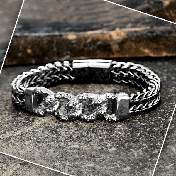 bangle trend punk stainless steel skull bracelet metal classic braided double buckle bracelet men and women jewelry gift homme gift, Black
bangle trend punk stainless steel skull bracelet metal classic braided double buckle bracelet men and women jewelry gift homme gift, Black