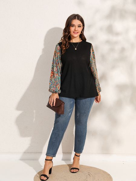 women's plus size tshirt finjani lantern sleeve tee paisley print textured autumn clothing 230625, Black
women's plus size tshirt finjani lantern sleeve tee paisley print textured autumn clothing 230625, Black