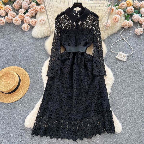 vintage light luxury feeling polo neck long sleeve hollow lace dress wrapped up waist show thin temperament a-line elegant long dress, Black;gray
vintage light luxury feeling polo neck long sleeve hollow lace dress wrapped up waist show thin temperament a-line elegant long dress, Black;gray