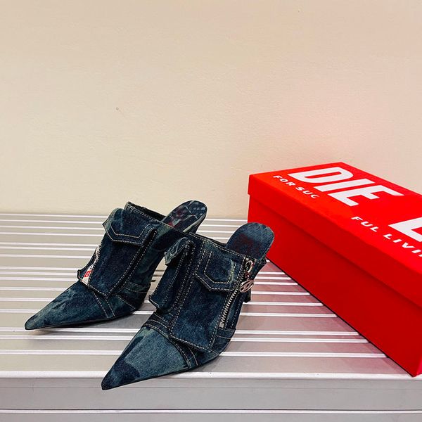 high-heel denim mules slippers slides sandals stilletto heels 10cm spike toe women's luxury designers leather outsole evening party sho, Black
high-heel denim mules slippers slides sandals stilletto heels 10cm spike toe women's luxury designers leather outsole evening party sho, Black