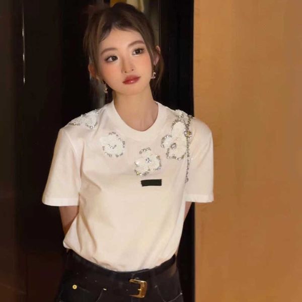 cotton womens t shirt summer new sequin beaded flower knitted tee designer t shirt slim round neck short-sleeved women clothing, White
cotton womens t shirt summer new sequin beaded flower knitted tee designer t shirt slim round neck short-sleeved women clothing, White