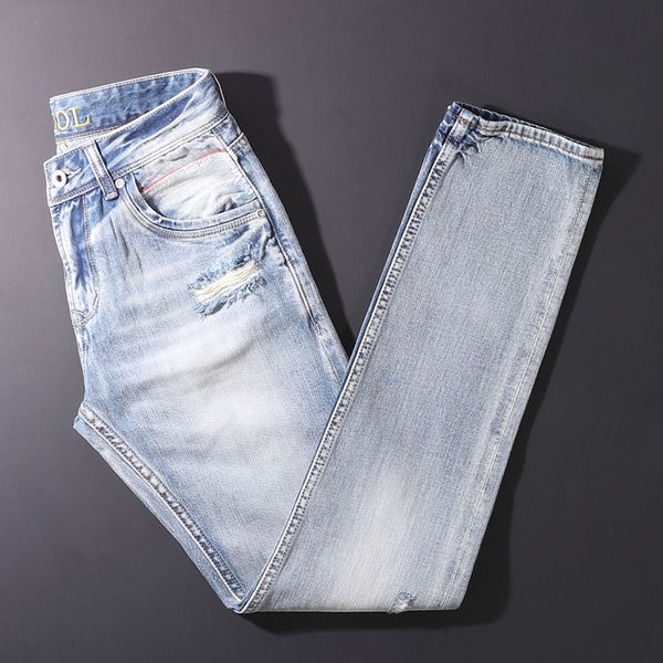 men's jeans european vintage fashion men retro light blue slim fit ripped red line designer casual denim pants 230625
men's jeans european vintage fashion men retro light blue slim fit ripped red line designer casual denim pants 230625