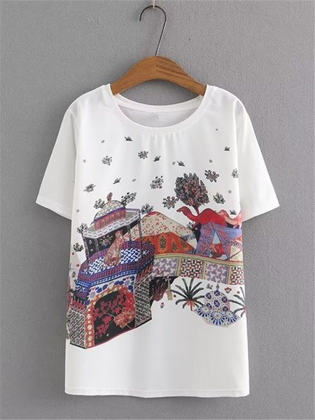 women's plus size tshirt printed with handpainted architectural patterns in front cotton white oneck shortsleeved 230625, Black
women's plus size tshirt printed with handpainted architectural patterns in front cotton white oneck shortsleeved 230625, Black