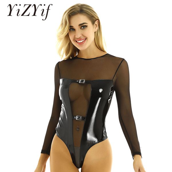 women's jumpsuits rompers bodysuit onepiece wetlook patent leather long sleeves see through sheer mesh splice thong leotard nightwear 2, Black;white
women's jumpsuits rompers bodysuit onepiece wetlook patent leather long sleeves see through sheer mesh splice thong leotard nightwear 2, Black;white