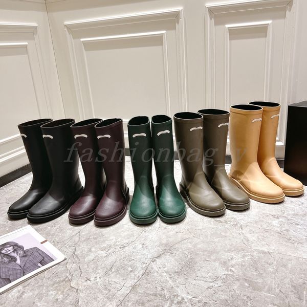 designer round toe women rain boots thick heel thick sole ankle boots women rubber boots letter decoration long boots, Black