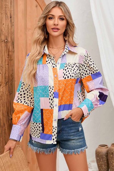 fashion multicolor mixed print polyester pocket button up long sleeve shirt for women, White
fashion multicolor mixed print polyester pocket button up long sleeve shirt for women, White