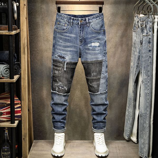 men's jeans high street fashion men retro blue elastic stretch slim fit ripped black patched designer hip hop pants hombre 230625
men's jeans high street fashion men retro blue elastic stretch slim fit ripped black patched designer hip hop pants hombre 230625