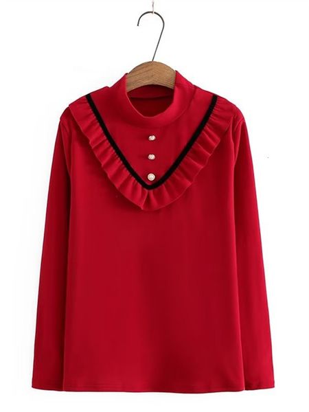 women's plus size tshirt stand up collar and ruffle trim at front chest long sleeve stretch bottom shirt solid colours 230625, Black
women's plus size tshirt stand up collar and ruffle trim at front chest long sleeve stretch bottom shirt solid colours 230625, Black