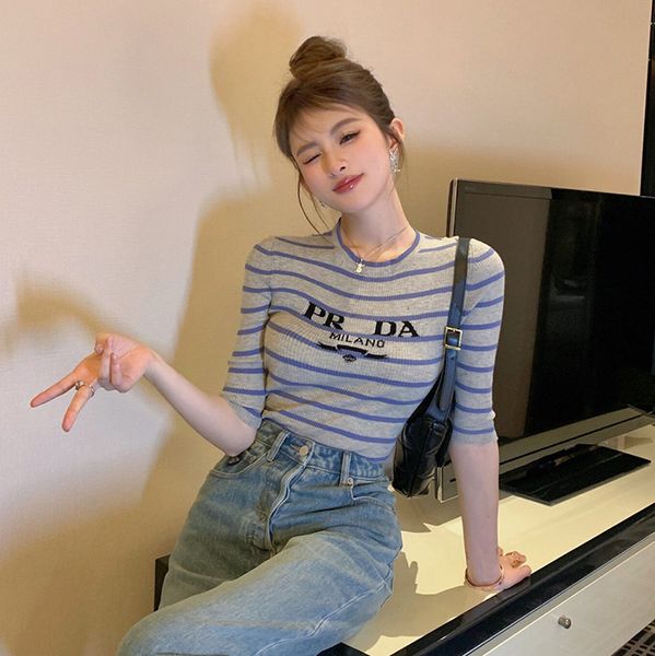 designer t shirt womens spring wool short spicy girl women's slim stripe underlay knit top, White
designer t shirt womens spring wool short spicy girl women's slim stripe underlay knit top, White