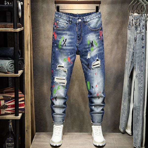 men's jeans street fashion men retro blue elastic stretch slim fit hole ripped painted designer hip hop denim pants hombre 230625
men's jeans street fashion men retro blue elastic stretch slim fit hole ripped painted designer hip hop denim pants hombre 230625