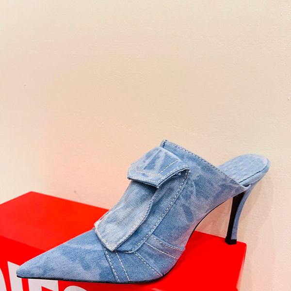 new high-heel denim mules slippers slides sandals stilletto heels spike toe women's luxury designers leather outsole evening party shoe, Black
new high-heel denim mules slippers slides sandals stilletto heels spike toe women's luxury designers leather outsole evening party shoe, Black