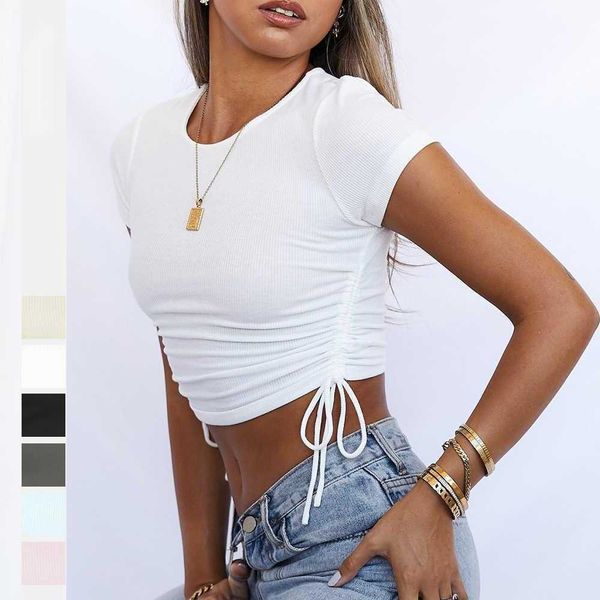 women's exposed navel sleeved t-shirt short pit stripe fashion drawstring tie round neck for women rabbit womens shirts, White
women's exposed navel sleeved t-shirt short pit stripe fashion drawstring tie round neck for women rabbit womens shirts, White
