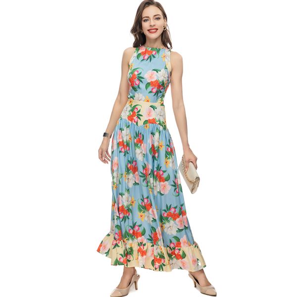 women's runway dresses o neck sleeveless open back lace up floral printed high street fashion holiday vestidos, Black
women's runway dresses o neck sleeveless open back lace up floral printed high street fashion holiday vestidos, Black