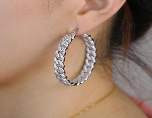 iced out 48mm big huggie hoop earring with clear cz paved cuban chain earring gorgeous bling cz 2020 summer women jewelry6658572, Golden;silver