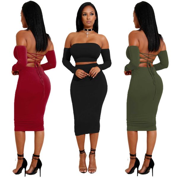 spring and autumn new women's dress open back lace up women's long dress dress one neck club pencil skirt two piece set, Black;gray
spring and autumn new women's dress open back lace up women's long dress dress one neck club pencil skirt two piece set, Black;gray
