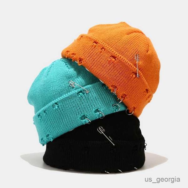 caps winter knit beanie hat with distressed hole cuffed cap r230627, Blue;gray 
caps winter knit beanie hat with distressed hole cuffed cap r230627, Blue;gray