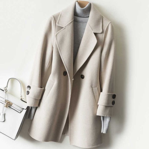 blends women's wool double sided cashmere coat mid length women winter, Black