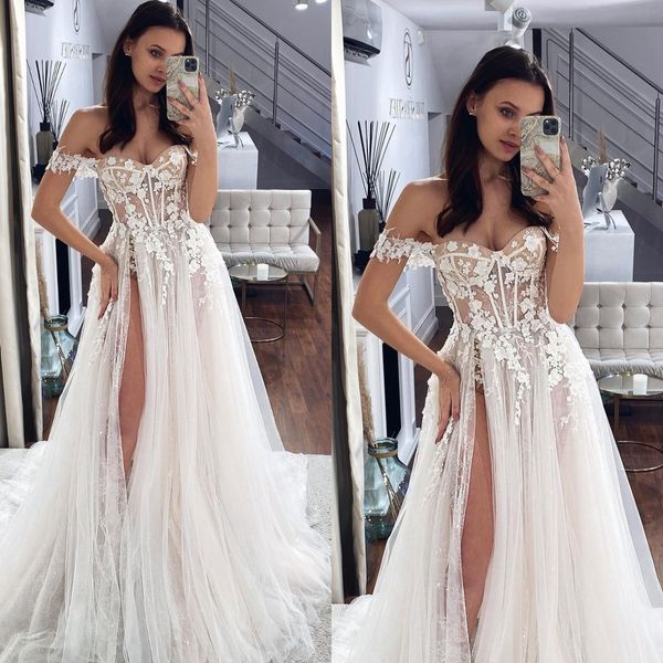 boho a line wedding dresses for bride off shoulder appliques wedding dress bone bodice split long designer bridal gowns, White
boho a line wedding dresses for bride off shoulder appliques wedding dress bone bodice split long designer bridal gowns, White