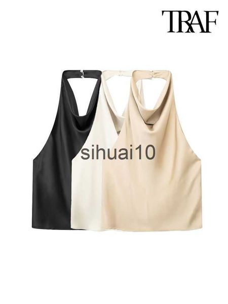 women's t-shirt traf women fashion satin flowing halter tank vintage backless with button female camis mujer j230627, White
women's t-shirt traf women fashion satin flowing halter tank vintage backless with button female camis mujer j230627, White