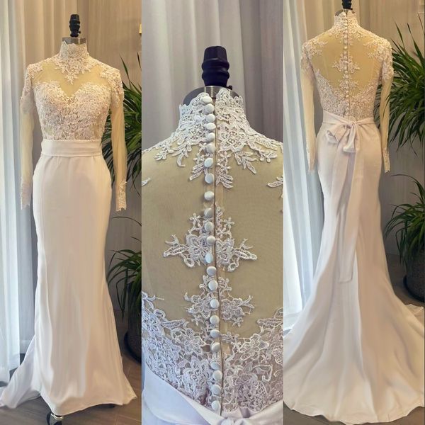 2023 mermaid wedding dresses african high neck lace appliques satin sash long sleeves sweep train vestidos de novia bridal gowns real image, White
2023 mermaid wedding dresses african high neck lace appliques satin sash long sleeves sweep train vestidos de novia bridal gowns real image, White