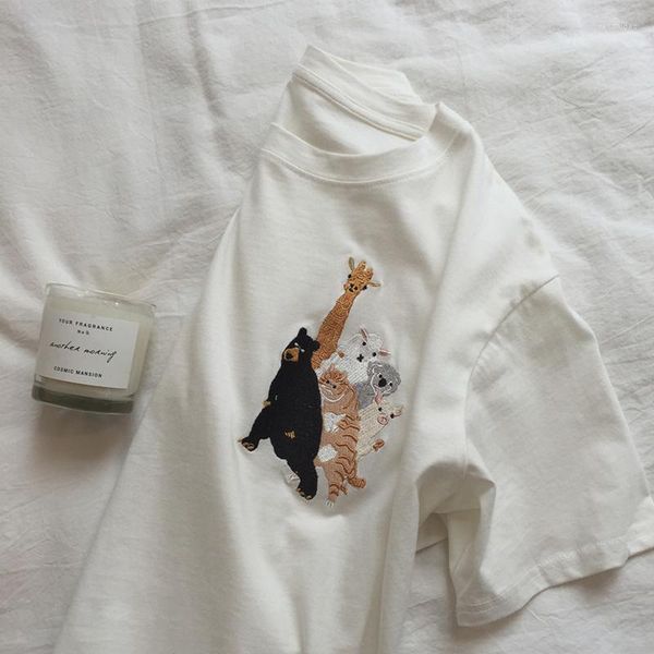 women's t shirts vintage ins solid korean style cartoon animal embroidery all-matched tees o-neck short sleeve casual loose, White
women's t shirts vintage ins solid korean style cartoon animal embroidery all-matched tees o-neck short sleeve casual loose, White