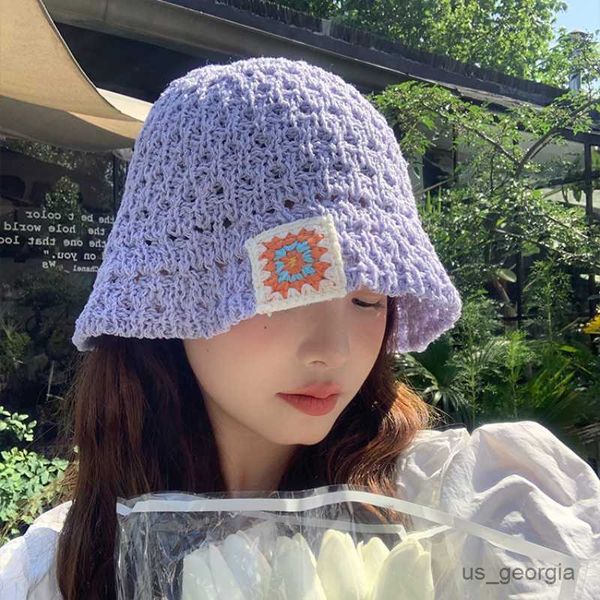 caps popular knitted hollow bucket hats women 2023 summer fashion flower cloth label breathable shade versatile pullover sun cap r230627, Blue;gray
