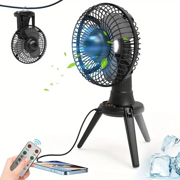 Image of Folding Fan With Remote Control, Portable Fan Large Capacity Fan With Tripod, For Outdoor Hiking Camping Fishing