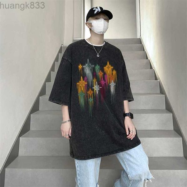 270g washable old star graffiti t-shirt men's short sleeve fashion brand high street oversize loose half sleeve short t, White;black
270g washable old star graffiti t-shirt men's short sleeve fashion brand high street oversize loose half sleeve short t, White;black