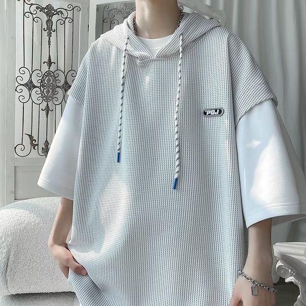 men's t-shirts summer waffle hooded short sleeve t-shirt korean fashion fake two tshirt y2k streetwear oversize tee casual ropa hombre, White;black
men's t-shirts summer waffle hooded short sleeve t-shirt korean fashion fake two tshirt y2k streetwear oversize tee casual ropa hombre, White;black