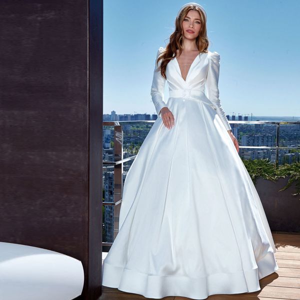 pure white satin a line wedding dresses v neck long sleeve pleat bridal gown puffy skirt castle wedding gowns with belt vestidos de novia
pure white satin a line wedding dresses v neck long sleeve pleat bridal gown puffy skirt castle wedding gowns with belt vestidos de novia