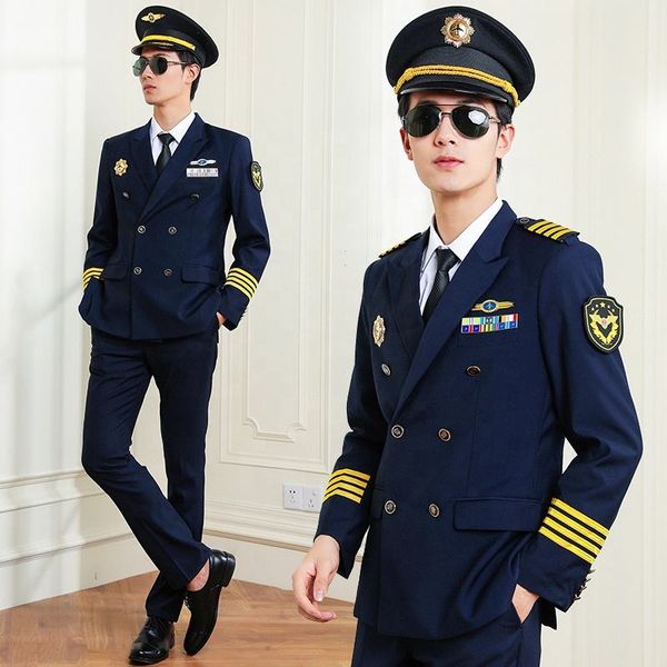 airline officer captain uniform hat jacket pants accessories turn down collar aviation pilot navy blue double breasted work wear, White;black
airline officer captain uniform hat jacket pants accessories turn down collar aviation pilot navy blue double breasted work wear, White;black