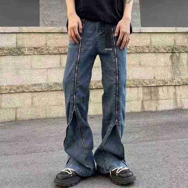 hop front hip long zipper ripped blue jeans pants for men and women washed distressed oversized casual denim trousers t220803
hop front hip long zipper ripped blue jeans pants for men and women washed distressed oversized casual denim trousers t220803