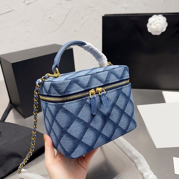 womens blue denim diamond lattice cosmetic case bags with handle totes gold metal hardware matelasse chain crossbdoy shoulder purse with mir
womens blue denim diamond lattice cosmetic case bags with handle totes gold metal hardware matelasse chain crossbdoy shoulder purse with mir