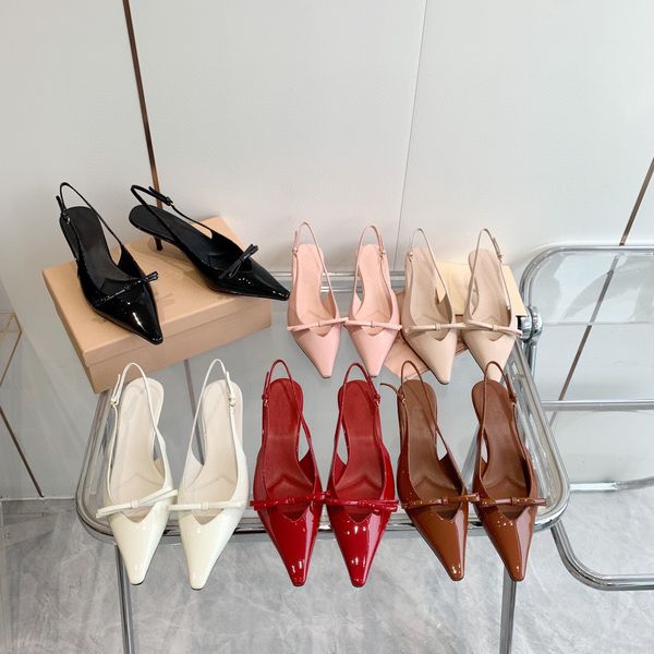 brand sandals pointed fine heel bow sandals 2023 bright face mid heel side hollow women's shoes, Black