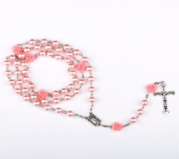 pink rose rosary jesus cross pendant necklaces 6mm beads imitation pearl chain statement necklace vintage jewelry christmas gift f3553118, Silver
pink rose rosary jesus cross pendant necklaces 6mm beads imitation pearl chain statement necklace vintage jewelry christmas gift f3553118, Silver