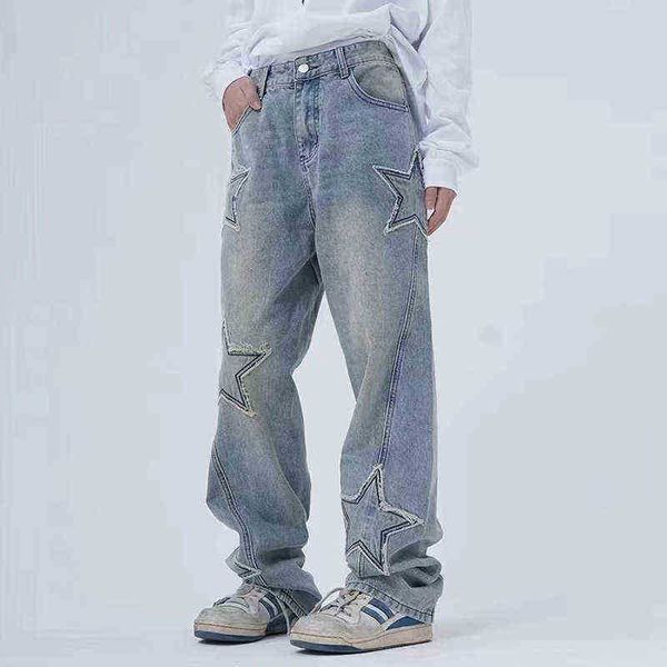 stars embroidery retro washed casual men's and womens jeans pants high street frayed pockets loose oversized denim trousers t220803, Blue
stars embroidery retro washed casual men's and womens jeans pants high street frayed pockets loose oversized denim trousers t220803, Blue
