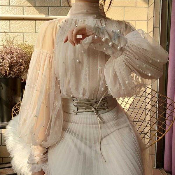 women fashion autumn lace bottoming shirt sweet beads bubble sleeve pearls button gauze ladies elegant mesh blusas, White
women fashion autumn lace bottoming shirt sweet beads bubble sleeve pearls button gauze ladies elegant mesh blusas, White