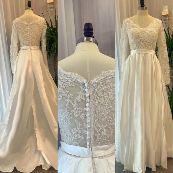 real image a line wedding dresses v neck illusion lace appliques long sleeves satin button back floor length plus size formal bridal gowns, White
real image a line wedding dresses v neck illusion lace appliques long sleeves satin button back floor length plus size formal bridal gowns, White
