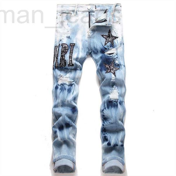 men's jeans designer am style punk blue hole slim fit elastic print dyed small feet 3091 30fc
men's jeans designer am style punk blue hole slim fit elastic print dyed small feet 3091 30fc