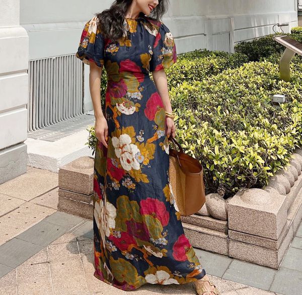 australian designer dress short sleeve gathered waistoil floral printed linen silk long dress, Black;gray
australian designer dress short sleeve gathered waistoil floral printed linen silk long dress, Black;gray