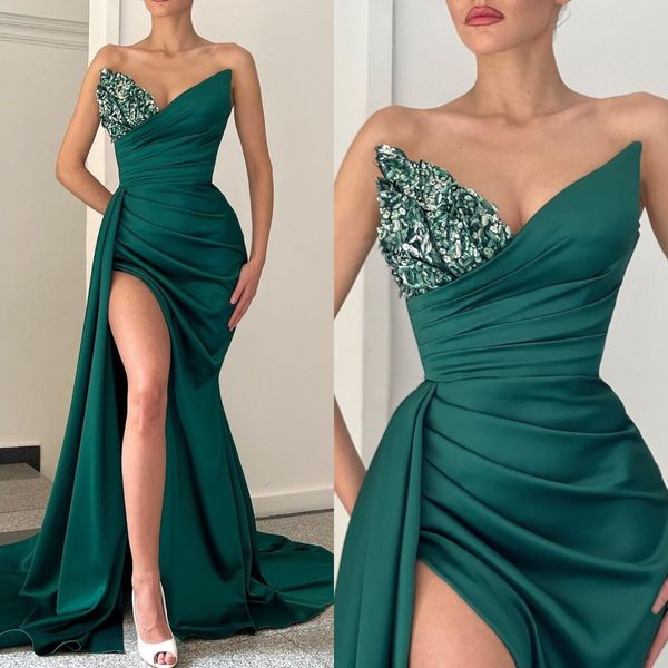 strapless prom dresses high split sequins v neck satin dark green party evening dress sweep train dresses for special occasions, Black
strapless prom dresses high split sequins v neck satin dark green party evening dress sweep train dresses for special occasions, Black