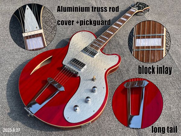 hollow body electric guitar aluminium truss rod cover and pickguard with chrome parts long tail wine red brown back hh pickups
hollow body electric guitar aluminium truss rod cover and pickguard with chrome parts long tail wine red brown back hh pickups
