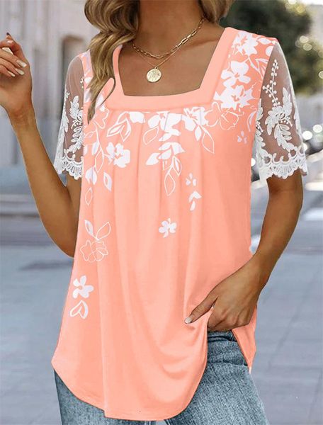 women s t shirt elegant pleated square neck print female lace splicing short sleeve tees 2023 summer casual loose 230628, White
women s t shirt elegant pleated square neck print female lace splicing short sleeve tees 2023 summer casual loose 230628, White